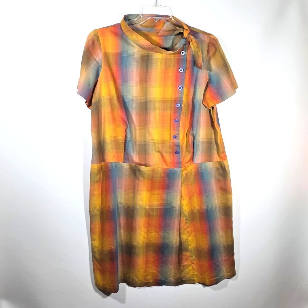 VTG 60s 70s Rainbow Plaid Shift Dress Side Button Mod Shirtdress WhimsiGoth XL - Picture 1 of 7